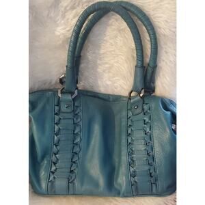 RomyGold teal leather braided detail bag.